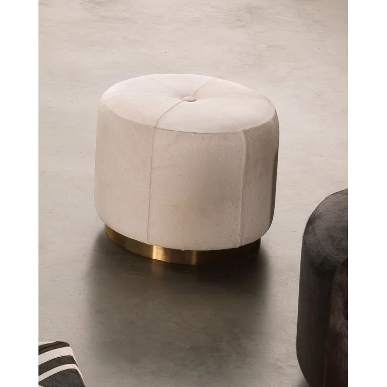 Sanford Round White Hair-on-Hide Pouf with Brass Base