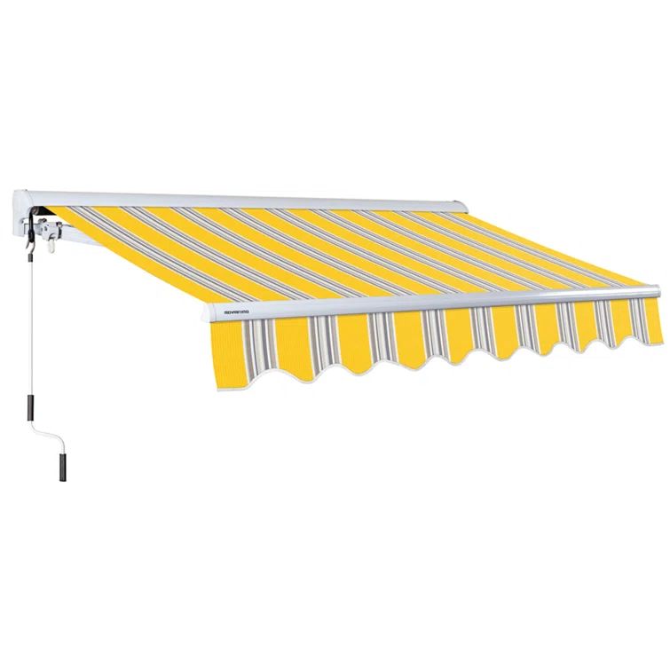 Sunny Yellow and Silver Gray Striped Retractable Patio Awning