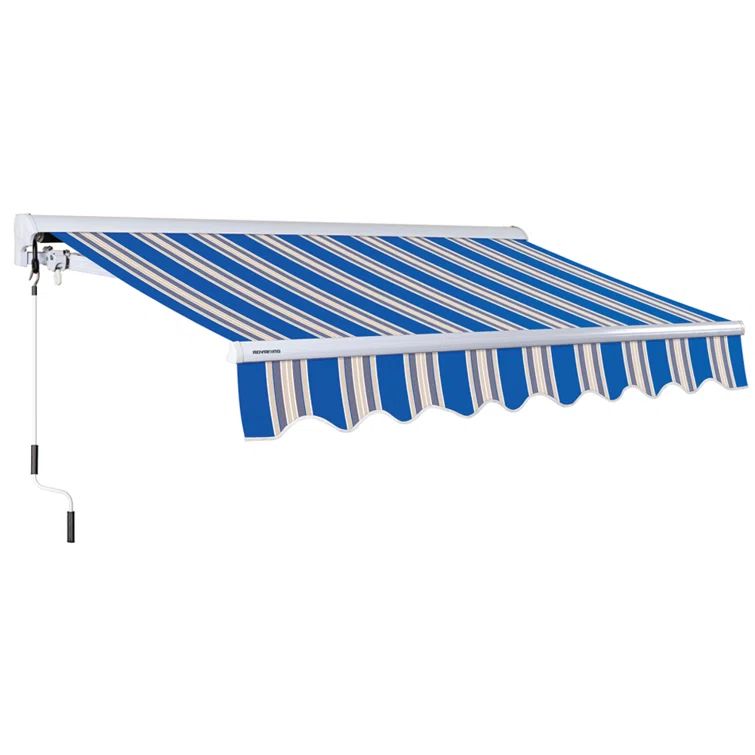 Ocean Blue and Sand Beige Striped Retractable Patio Awning with Aluminum Frame