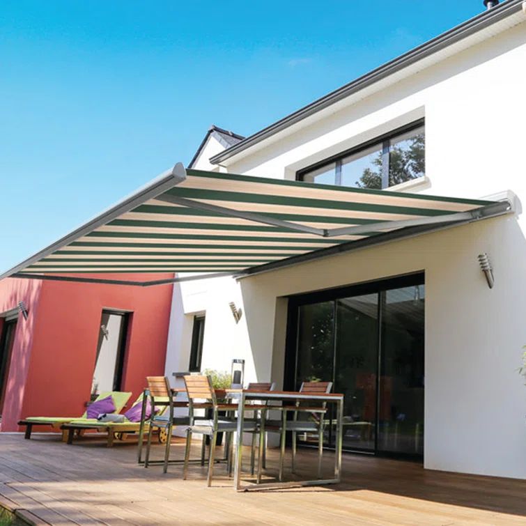 Garden Green and Sand Beige Striped Retractable Patio Awning with Aluminum Frame
