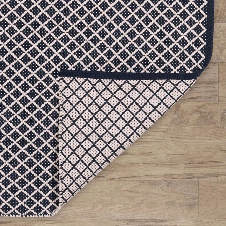 Navy and White Synthetic Trellis Runner Rug 2'6" x 8'