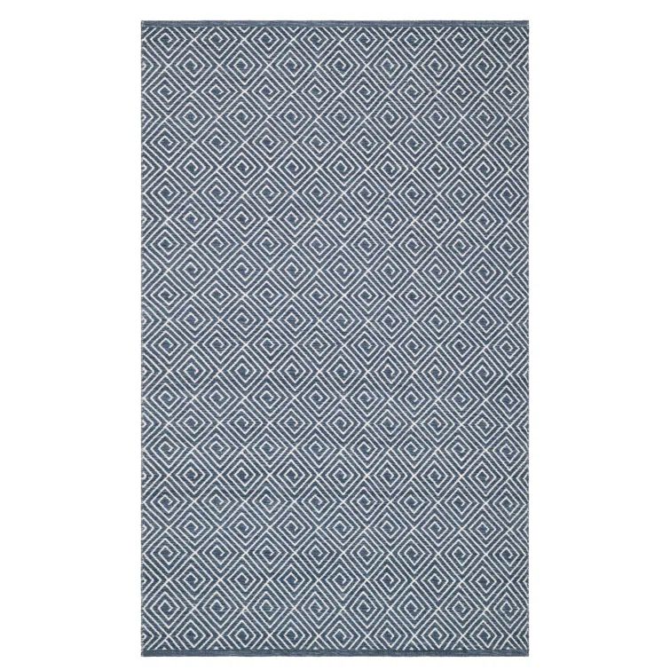 Geo Diamond Blue and Ivory Handwoven Wool and Cotton Rug 6' x 9'