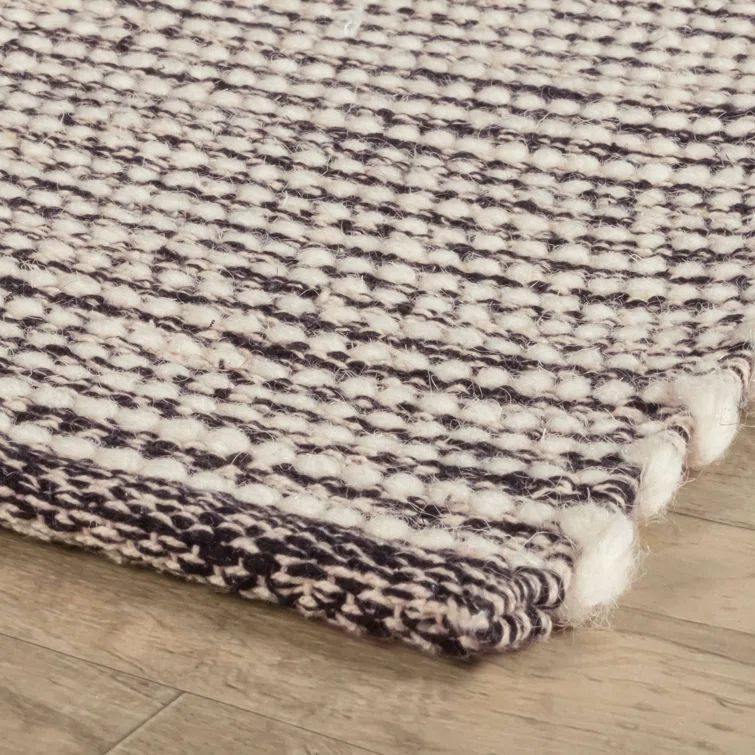 Handwoven Black and Ivory Stripe Wool Cotton Rug, 2' 6" x 8'