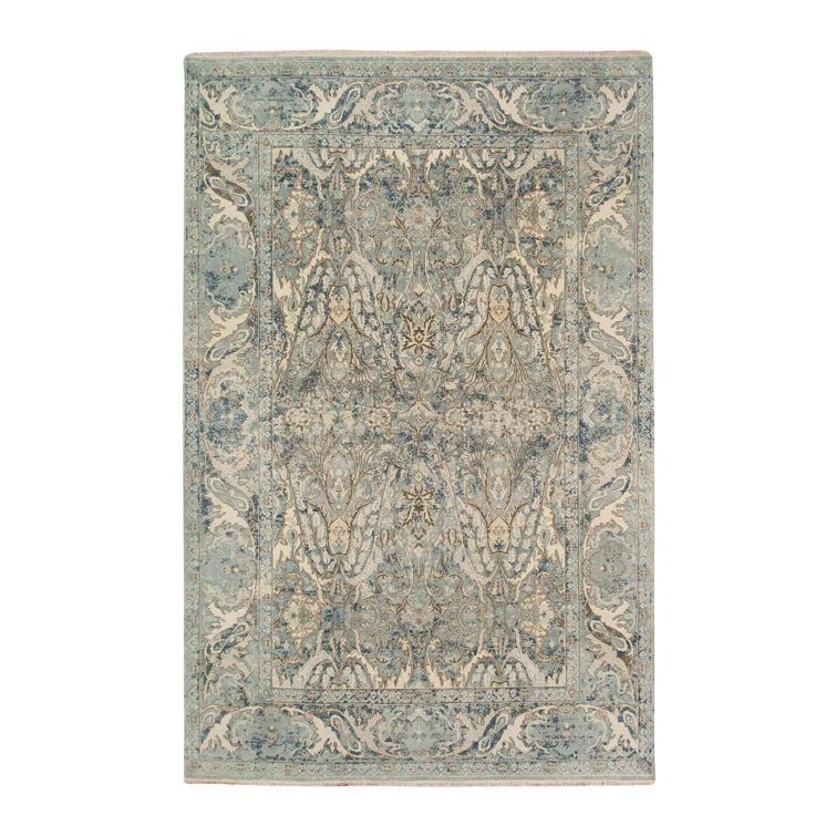 Blue Hand-Knotted Wool Rectangular Area Rug 9' x 12'
