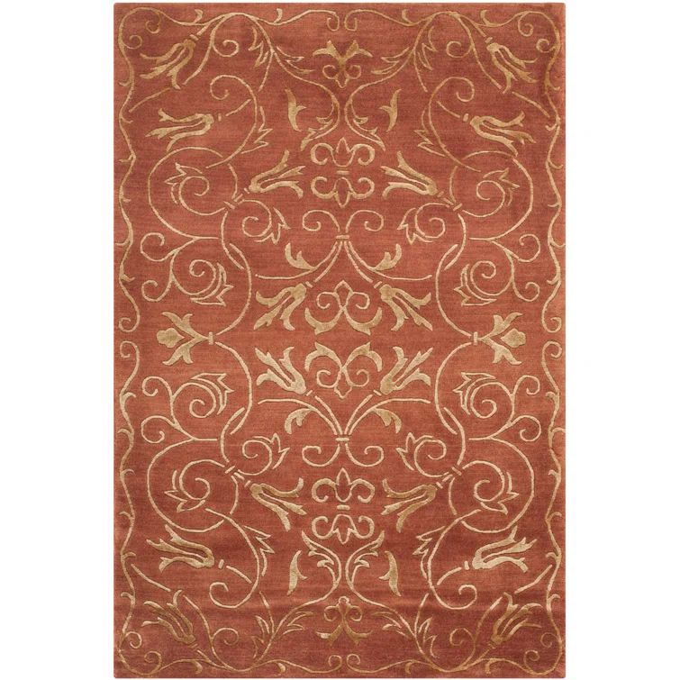 Hand-Knotted Rust and Gold Wool Silk Geometric Rug, 10' x 14'