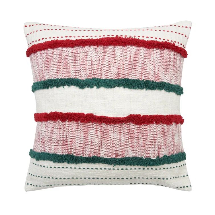 Red and Green Embroidered Cotton Square Throw Pillow