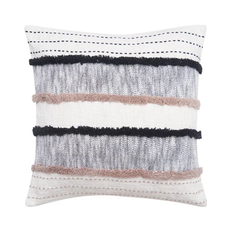 Black and Beige Embroidered Cotton Square Throw Pillow
