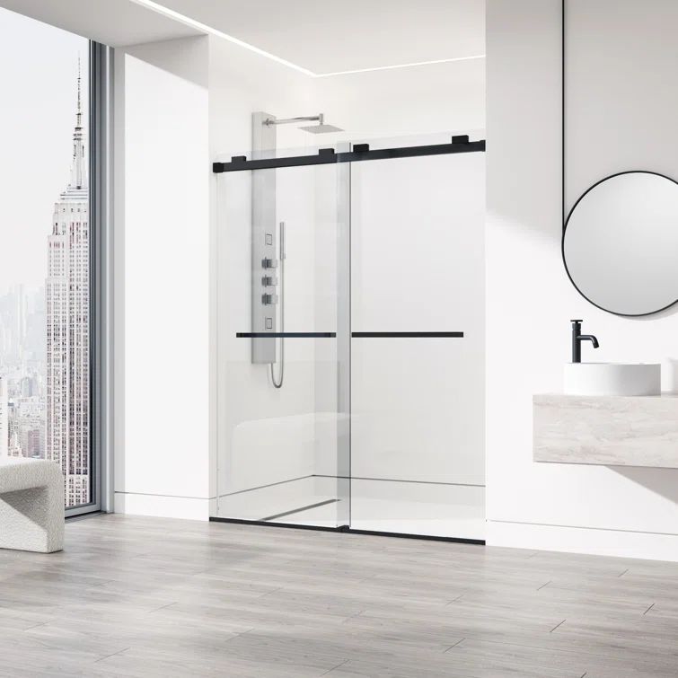 Houston Matte Black Frameless Sliding Shower Door with Clear Glass