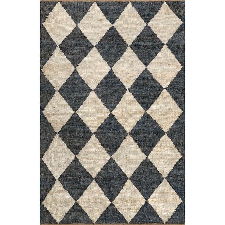 Charcoal and Beige Diamond Pattern Jute Area Rug, 6' x 9'