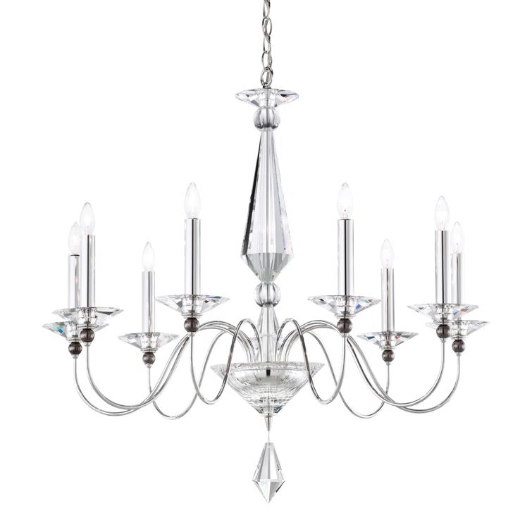 Elegant Optic Clear Crystal 9-Light Polished Silver Chandelier