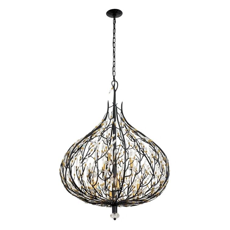 42" Matte Black and Gold Crystal Teardrop Pendant Light