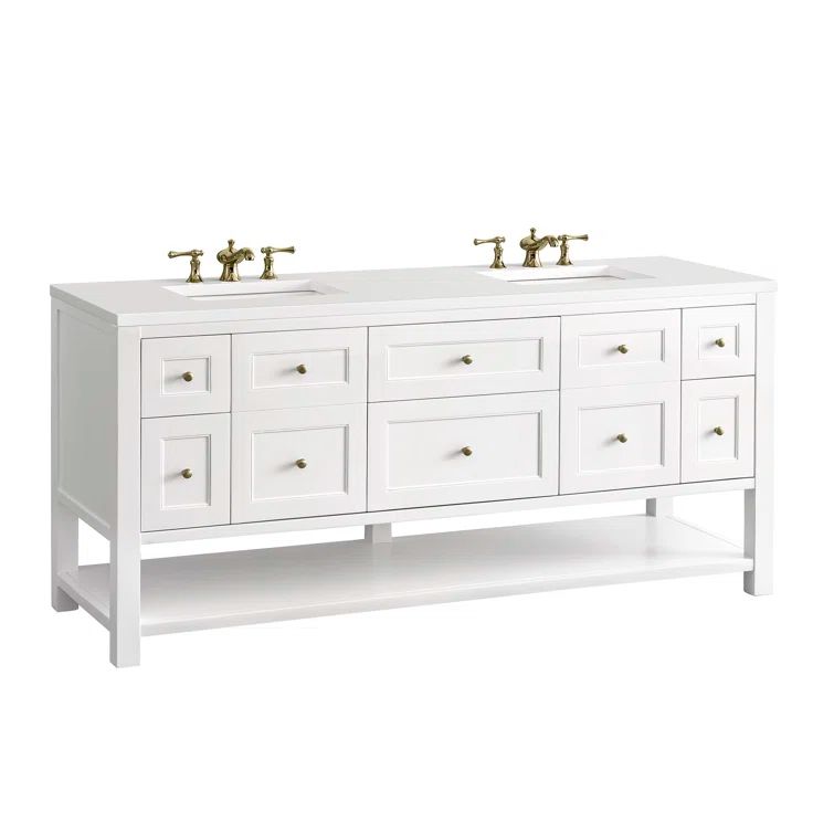 Bright White Solid Wood Double Vanity with Brass Knobs