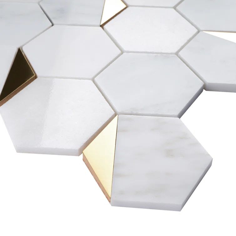 White and Gold Hexagon Marble Mosaic Wall Tile