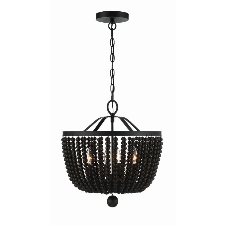 Mini Matte Black Crystal and Wood Bead 4-Light Chandelier
