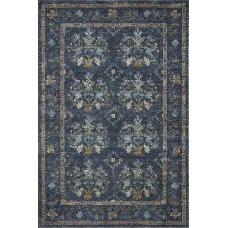 Navy Floral Square Synthetic Area Rug, 18" Sample