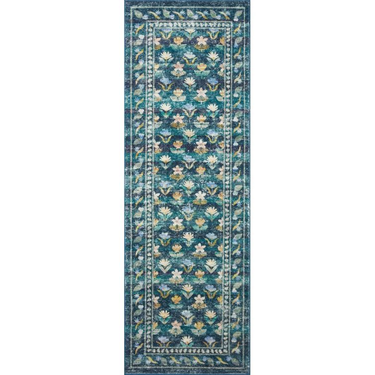 Emerald Floral Polyester Runner Rug with CloudPile Fabrication