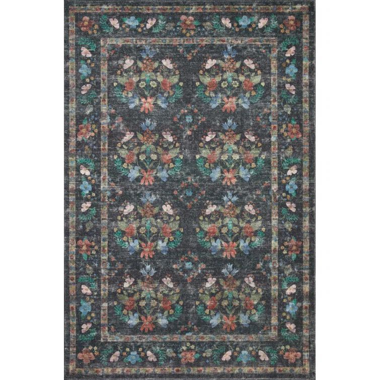 Charcoal Floral Synthetic Area Rug 8'-6" x 11'-6"