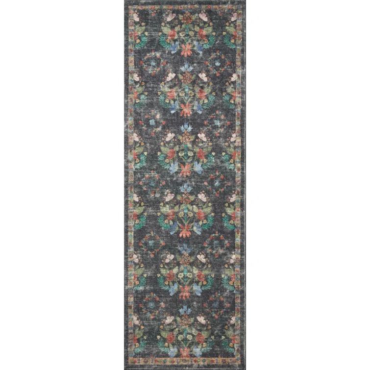 Charcoal Blue Floral Synthetic Runner Rug 2'-0" x 5'-0"