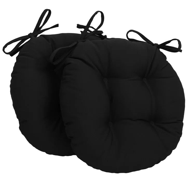 Black Round Tufted Twill Indoor/Outdoor Chair Cushions, Set of 2