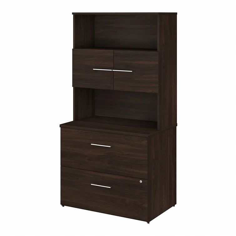 Black Walnut Wood Composite 2-Drawer Lockable Lateral Filing Cabinet with Hutch