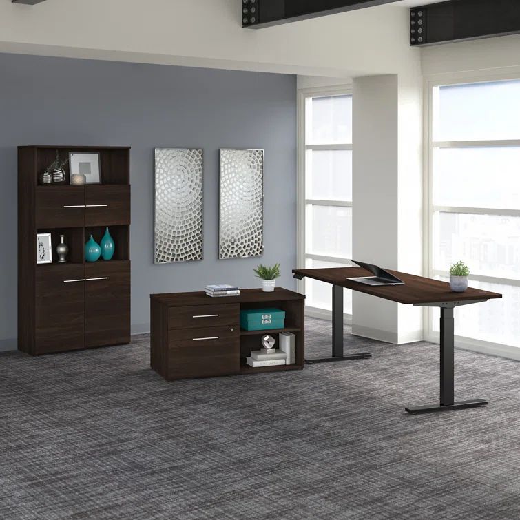 Black Walnut 72" Motorized Height Adjustable Steel Desk with Storage
