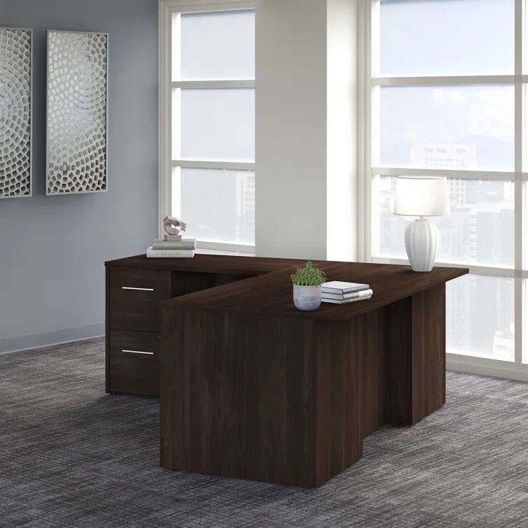 Black Walnut L-Shaped Executive Desk with Filing Cabinets and Drawers