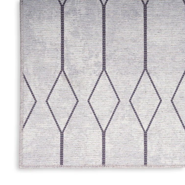 Ivory and Grey Geometric Cotton Synthetic Runner Rug