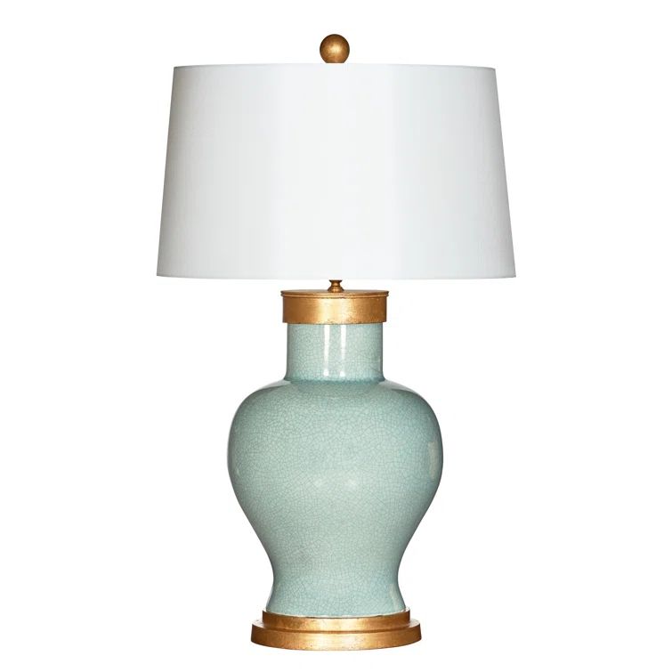Celedon White Linen Ceramic Table Lamp with Drum Shade