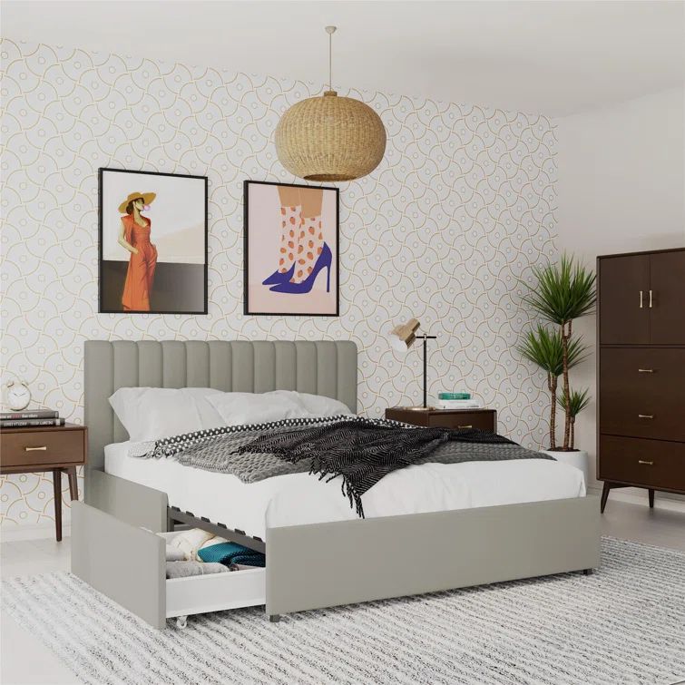 Light Gray Queen Upholstered Platform Bed with Storage Drawers