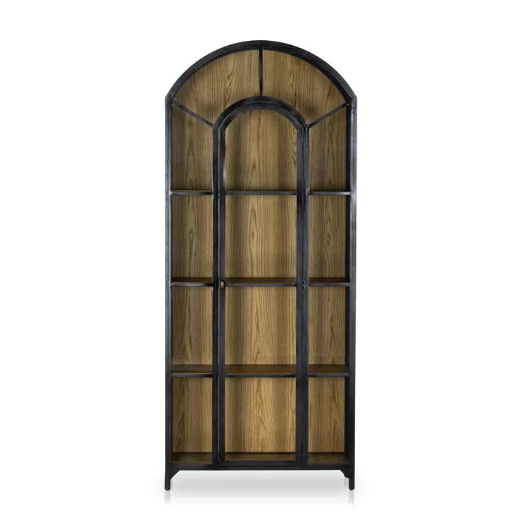 Tall Black Iron and Oak Arched Bookcase Cabinet