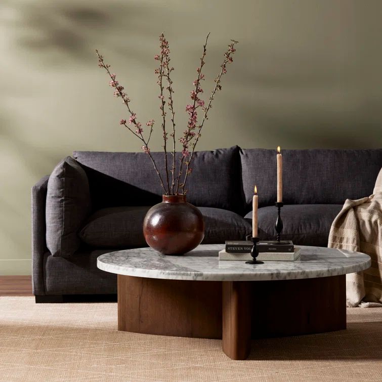 Round White Marble and Oak Coffee Table with Storage