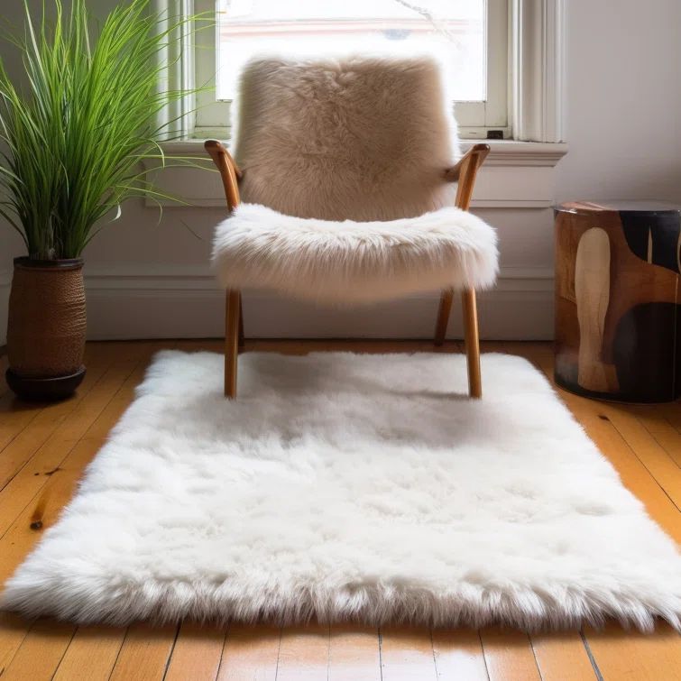Ivory Rectangular Faux Fur Sheepskin Shag Rug