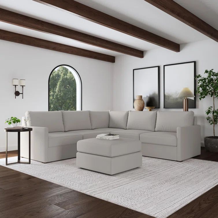 Frost White Fabric 5-Seat Sectional Sofa with Ottoman