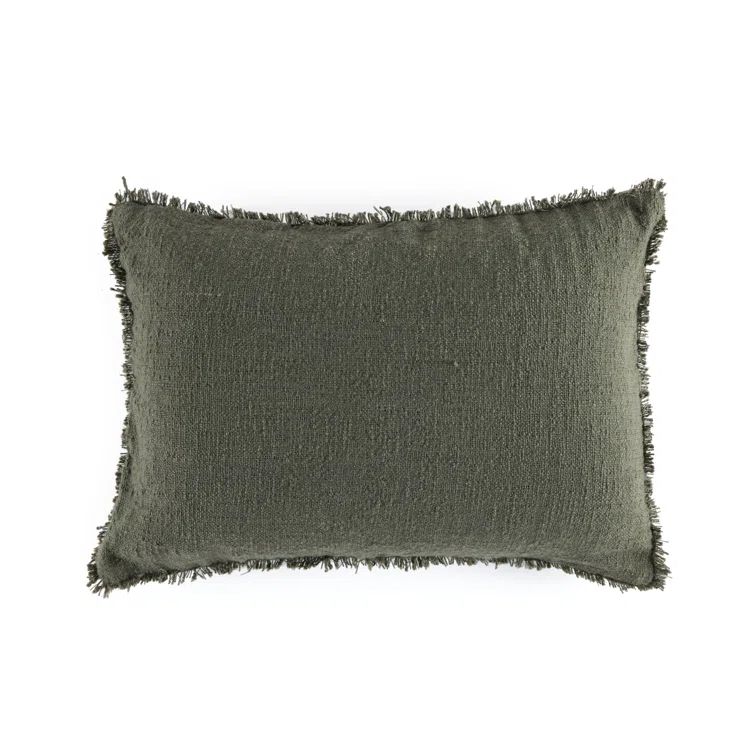 Olive Green Textured Lumbar Pillow with Eyelash Fringe