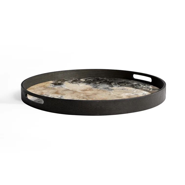 Hand-Finished Round Dark Wood and Glass Tray