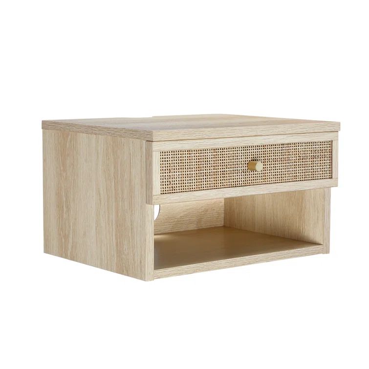 Light Oak and Rattan Floating Nightstand with Brass Knob