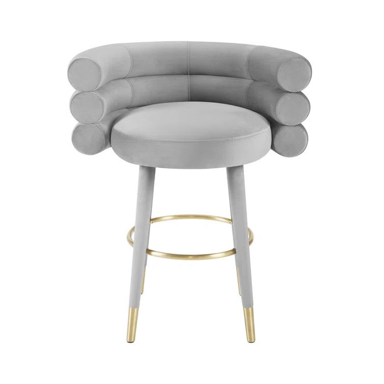 Gray Velvet Counter Stool with Gold Accents
