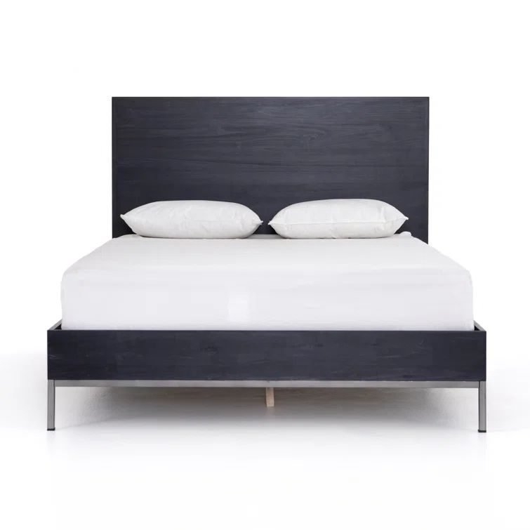 Modern Black Metal Frame Queen Bed with Wood Headboard