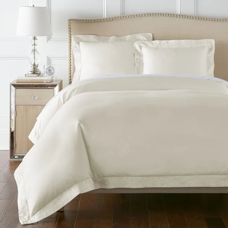 Ivory King Cotton Sateen Duvet Cover Set with Embroidery