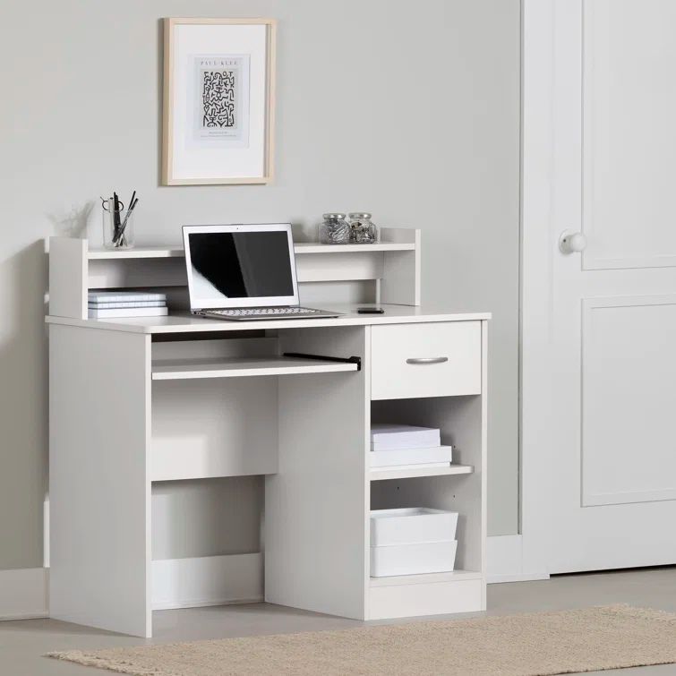 White Wood Computer Desk with Hutch and Drawer