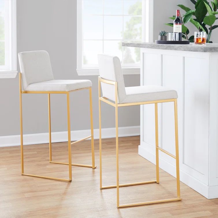 Fuji High Back Adjustable Gold Metal Barstools with Beige Upholstery