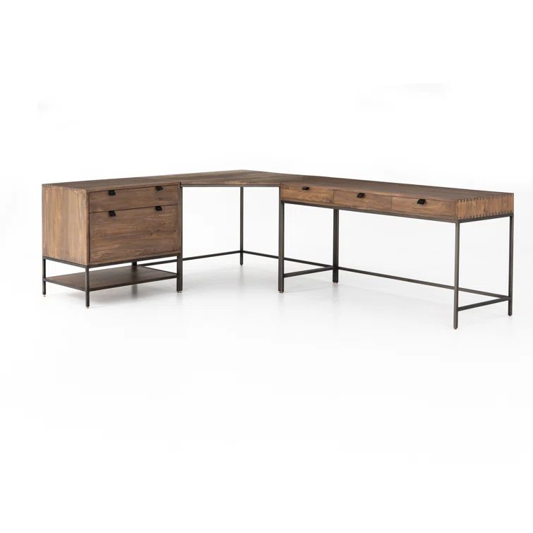 Auburn Poplar and Black Metal L-Shaped Executive Desk