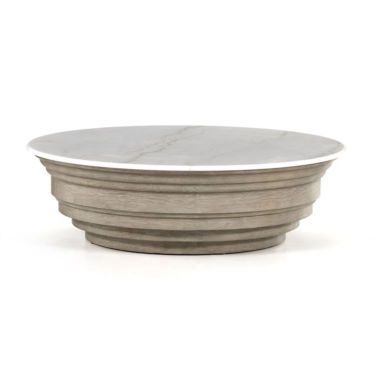 Contemporary Blonde Pine & White Marble Round Coffee Table