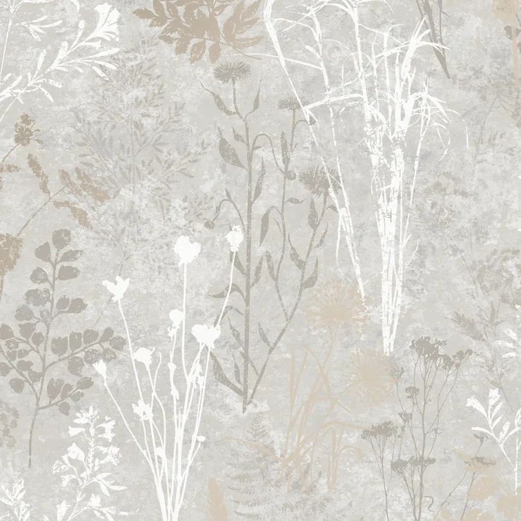 Metallic Beige and White Botanical Wallpaper Roll