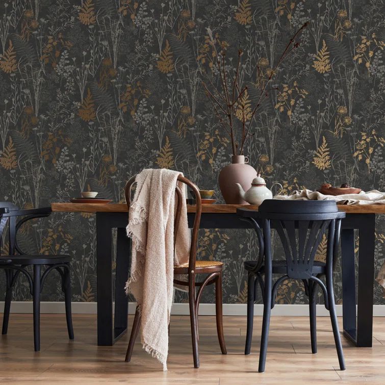 Black and Copper Botanical Wallpaper Roll with Metallic Accents