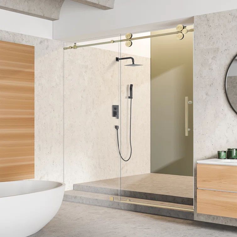 Gold and Clear Glass Frameless Sliding Shower Door, 68" x 78"