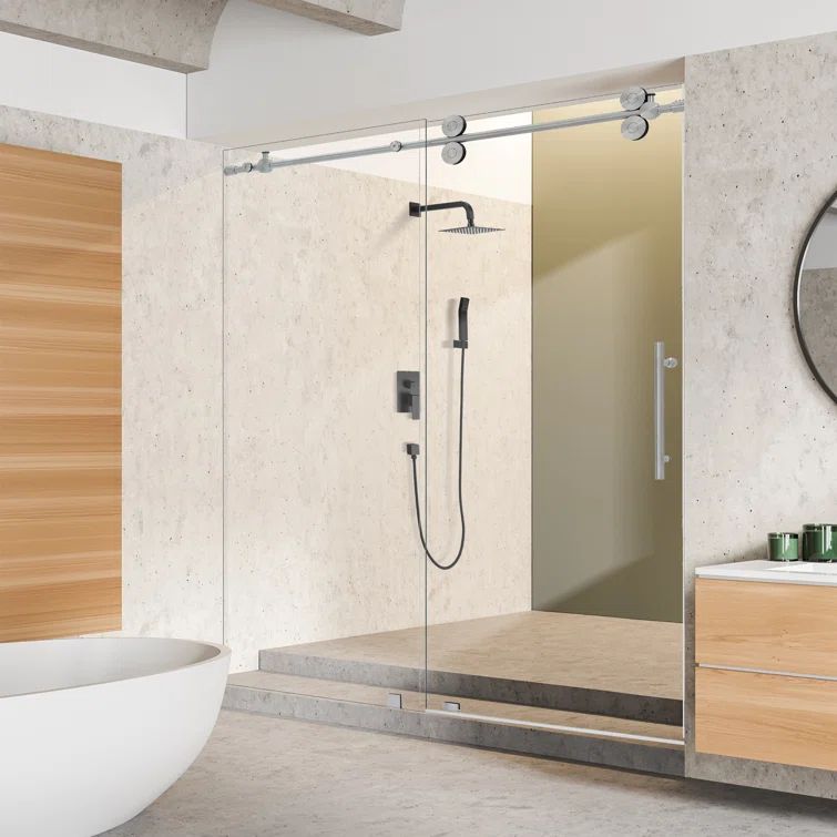 68" Frameless Clear Glass Sliding Shower Door with Brushed Nickel Finish