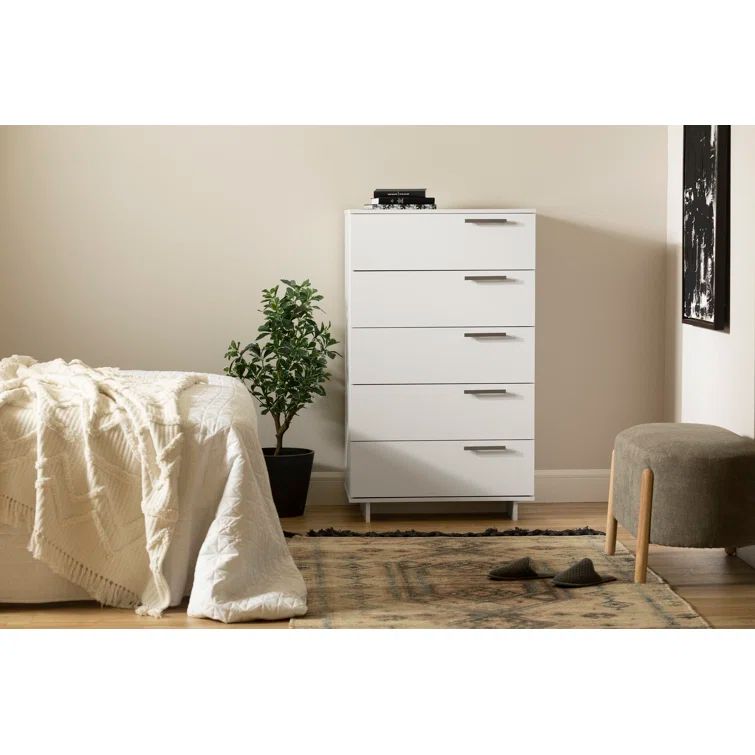 Pure White Vertical 5-Drawer Chest with Metal Handles