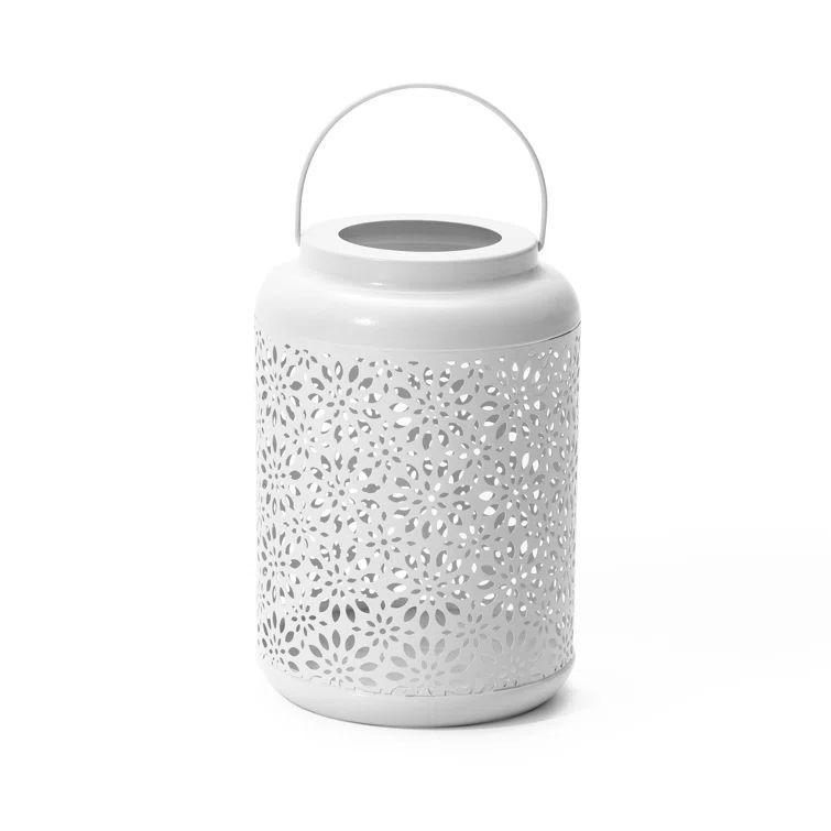 White Metal Cutout Flower Solar Powered Outdoor Hanging Lantern