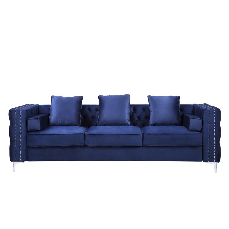 88'' Luxe Blue Velvet Tufted Sofa with Nailhead Trim & Ottoman